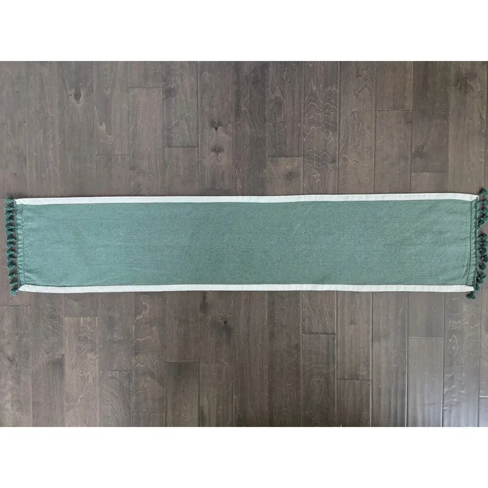 Green Herringbone Tassel Table Runner Farmhouse Boho 66